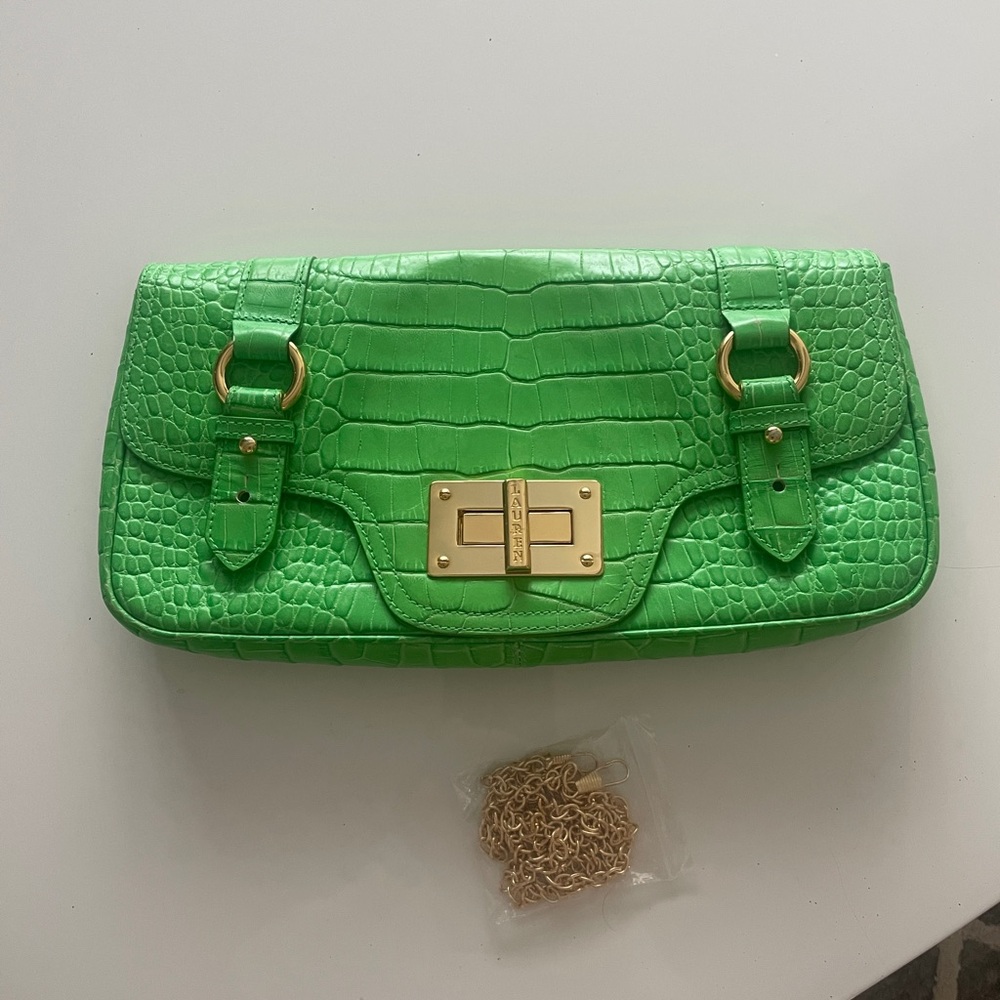 Vintage Lauren Ralph Lauren Green Faux Croc Skin Handbag Gold Toned